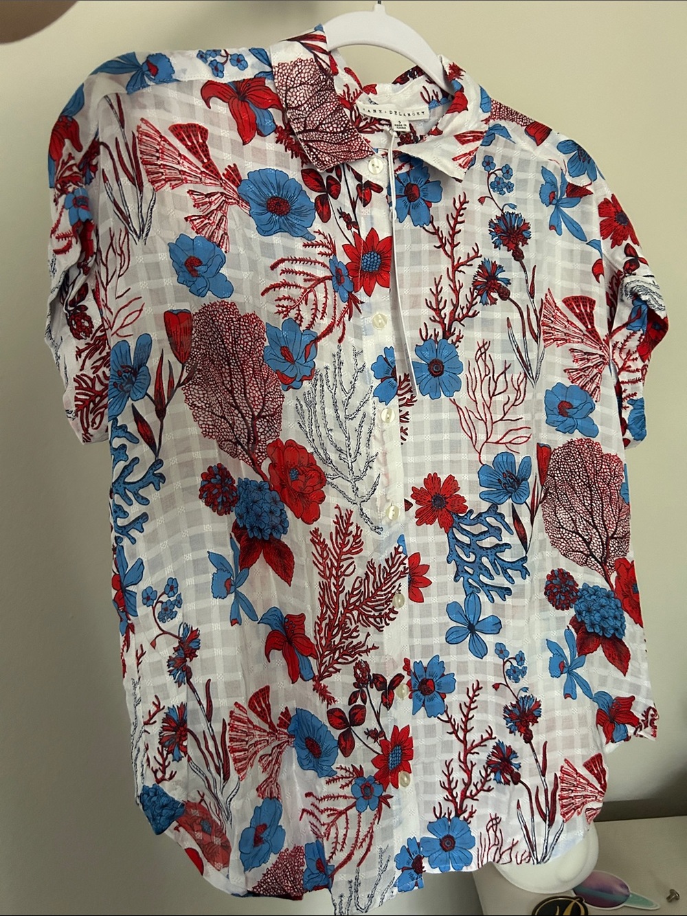 Jane and Delancey White Button-Down Shirt with Red & Blue Floral Coral Print